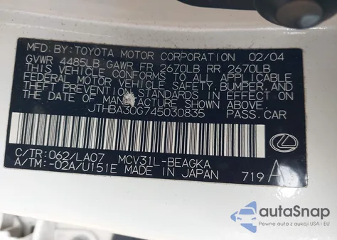 2004 Lexus Es 330 из США, поврежденный, VIN JTHBA30G745030835